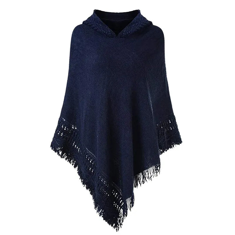 Peris Gems  navy blue / One Size Casual Hooded Cloak Tassel Poncho Sweaters for Women SHEIN Amazon Temu