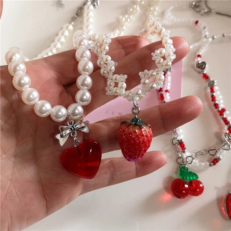 Peris Gems New Goth Y2k Aesthetic Cherry Strawberry Pendant Pearl Beaded Necklace Girl Vintage Cute Kawaii Charms EMO Jewelry Accessories SHEIN Amazon Temu