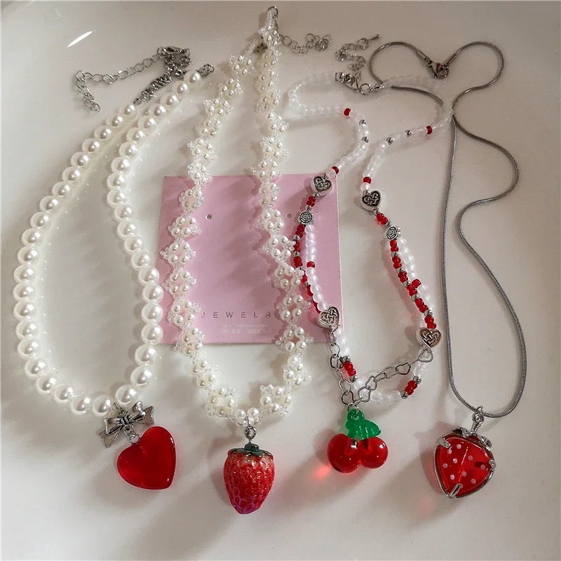 Peris Gems New Goth Y2k Aesthetic Cherry Strawberry Pendant Pearl Beaded Necklace Girl Vintage Cute Kawaii Charms EMO Jewelry Accessories SHEIN Amazon Temu
