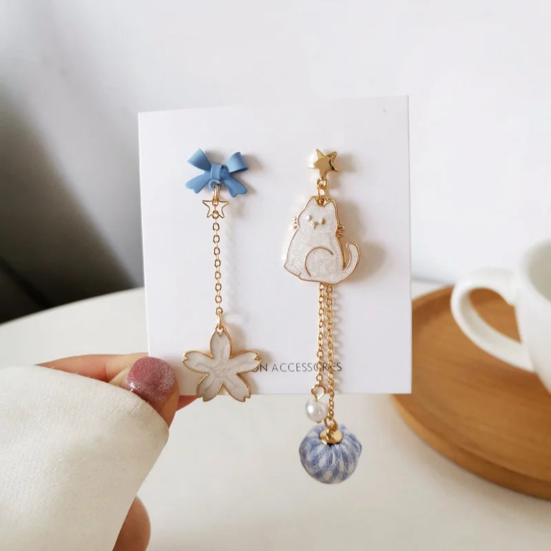 Peris Gems New Trend Blue Flower Dangle Earrings For Women Cute Animal Cat Cherry Blossoms Asymmetrical Earring Party Kitten Jewelry Gifts SHEIN Amazon Temu