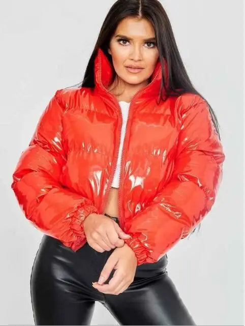 Peris Gems  orange red / S PU Latex Leather Puffer Glossy Jackets for Women SHEIN Amazon Temu