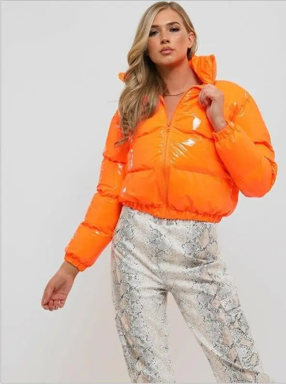 Peris Gems  Orange / S PU Latex Leather Puffer Glossy Jackets for Women SHEIN Amazon Temu