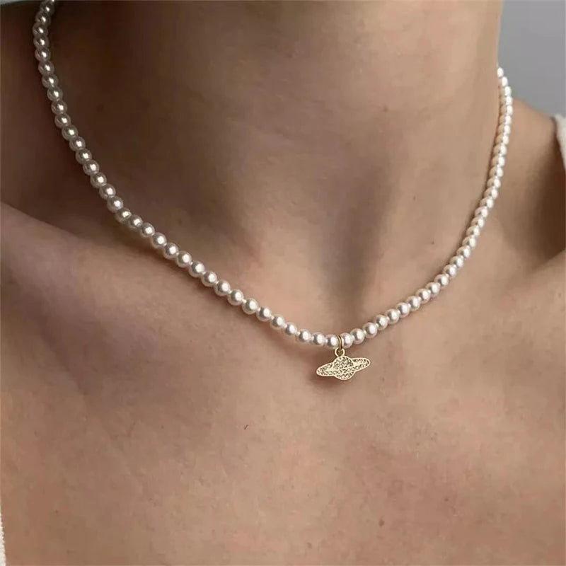 Peris Gems Pearl Necklace for Women Y2K Planet Saturn Pendants Choker Luxury Zircon Fashion Trend Jewelry Female Gift SHEIN Amazon Temu