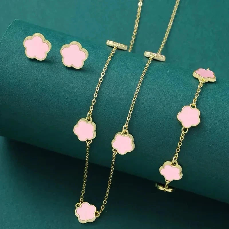 Peris Gems Pink / 50cm Lucky Five-petal Flower Five-leaf Clover Bracelet Earrings Necklace Three-piece set for woman Stylish Accessories Party Jewelry Lucky Five-petal Flower Five-leaf Clover Bracelet Earrings Necklace Three-piece set for woman Stylish Accessories Party Jewelry SHEIN Amazon Temu