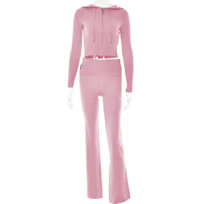 Peris Gems Pink Set / L Knitted 2 Piece Sets Women Tracksuit Long Sleeve Zipper Hooded Sweater Crop Top Flare Pants Stretch Matching Suit Outfit SHEIN Amazon Temu