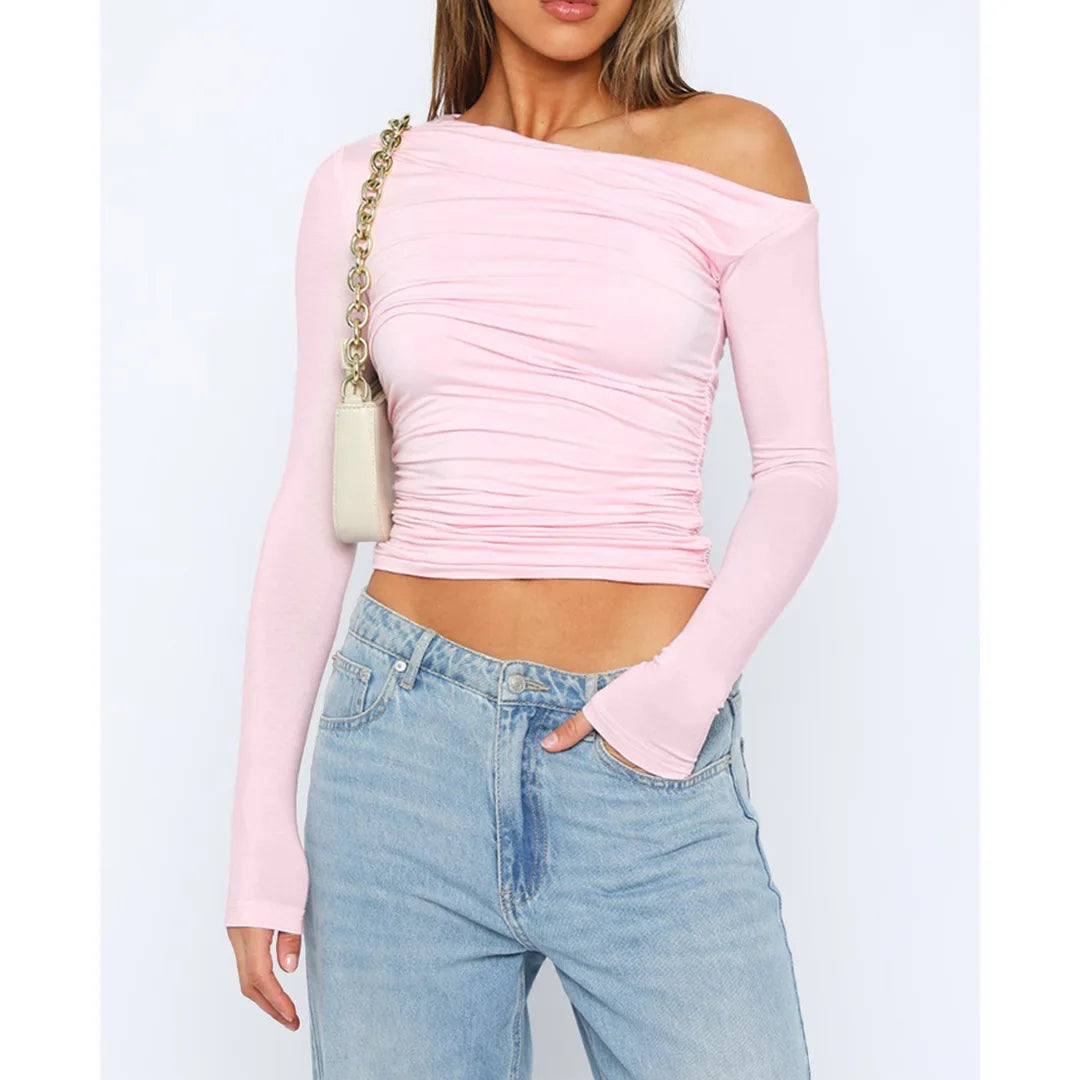 Peris Gems Pink / XL Sexy Pleated T Shirts Fashion Cropped Top Sweatshirts Y2K Streetswear Fall Clothes Women Elegant Luxury One Shoulder Tops Tees SHEIN Amazon Temu