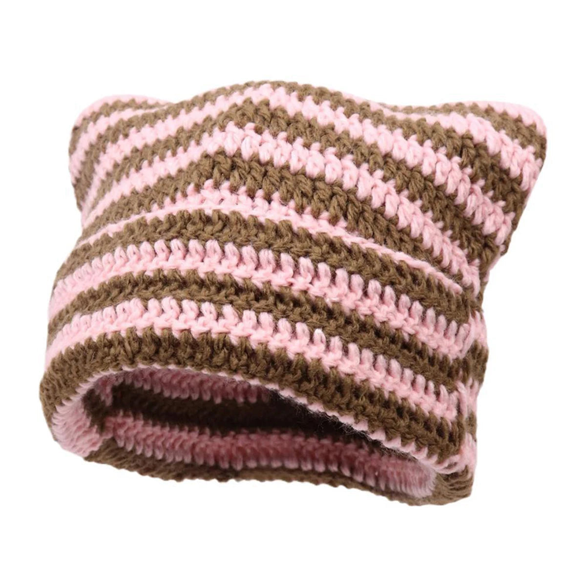 Peris Gems PinkCoffee / One Size Cute Cat Ears Beanie Hats for Women Winter Striped Korean Punk Gothic Y2K Wool Knitted Streetwear Handmade Crochet Bucket Cap SHEIN Amazon Temu