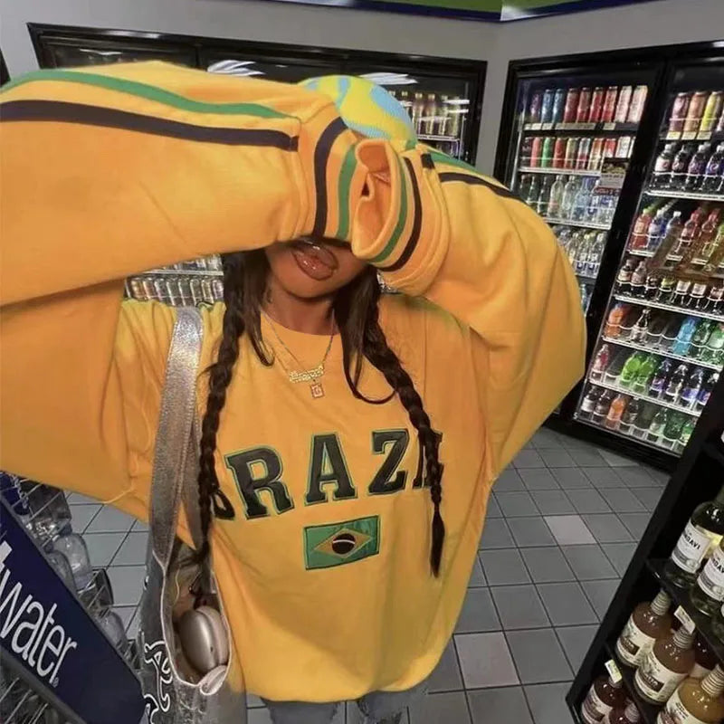 Peris Gems Punk Gothic Grunge Fashion Y2k Brazil Flag Graphic Sweatshirt Autumn 00s Loose O-neck Pullover Long Sleeve Yellow Streetwear Top SHEIN Amazon Temu