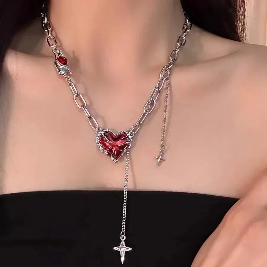 Peris Gems Punk Gothic Red Lava Star Cross Heart Pendant Leather Rope Necklace Women Men Hip Hop Y2K 90s EMO Accessories Aesthetic Jewelry SHEIN Amazon Temu