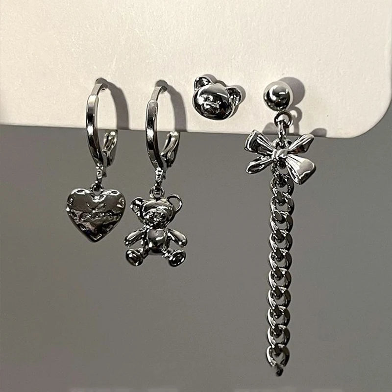 Peris Gems Punk Silver Color Metal Cherry Earring Heart Long Tassel Chain Y2K Irregular Bear Bowknot Hoop Earrings for Women Party Jewelry SHEIN Amazon Temu