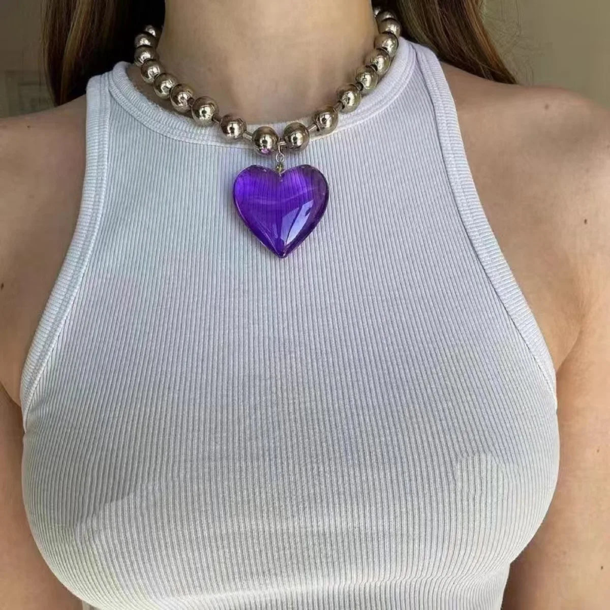 Peris Gems Purple Grunge Fashion Glass Heart Pendant Necklace Y2K Oversize Ball Beads Chain Statement Choker Necklace for Women Club Punk Jewelry Grunge Fashion Glass Heart Pendant Necklace Y2K Oversize Ball Beads Chain Statement Choker Necklace for Women Club Punk Jewelry SHEIN Amazon Temu