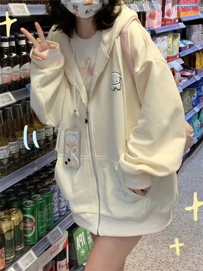 Peris Gems QWEEK Harajuku Kawaii Pink Zip Up Hoodie Women Japanese Y2K Sweet Cute Beige Fleece Sweatshirts Korean Style Girly Hooded Jacket SHEIN Amazon Temu