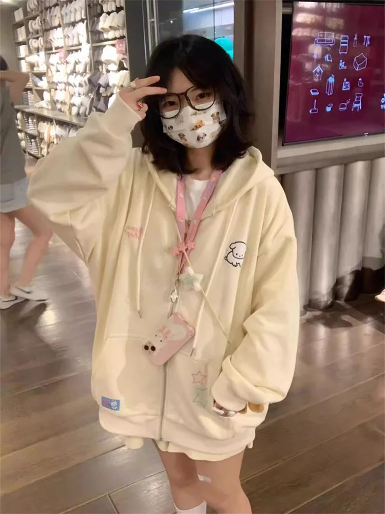 Peris Gems QWEEK Harajuku Kawaii Pink Zip Up Hoodie Women Japanese Y2K Sweet Cute Beige Fleece Sweatshirts Korean Style Girly Hooded Jacket SHEIN Amazon Temu