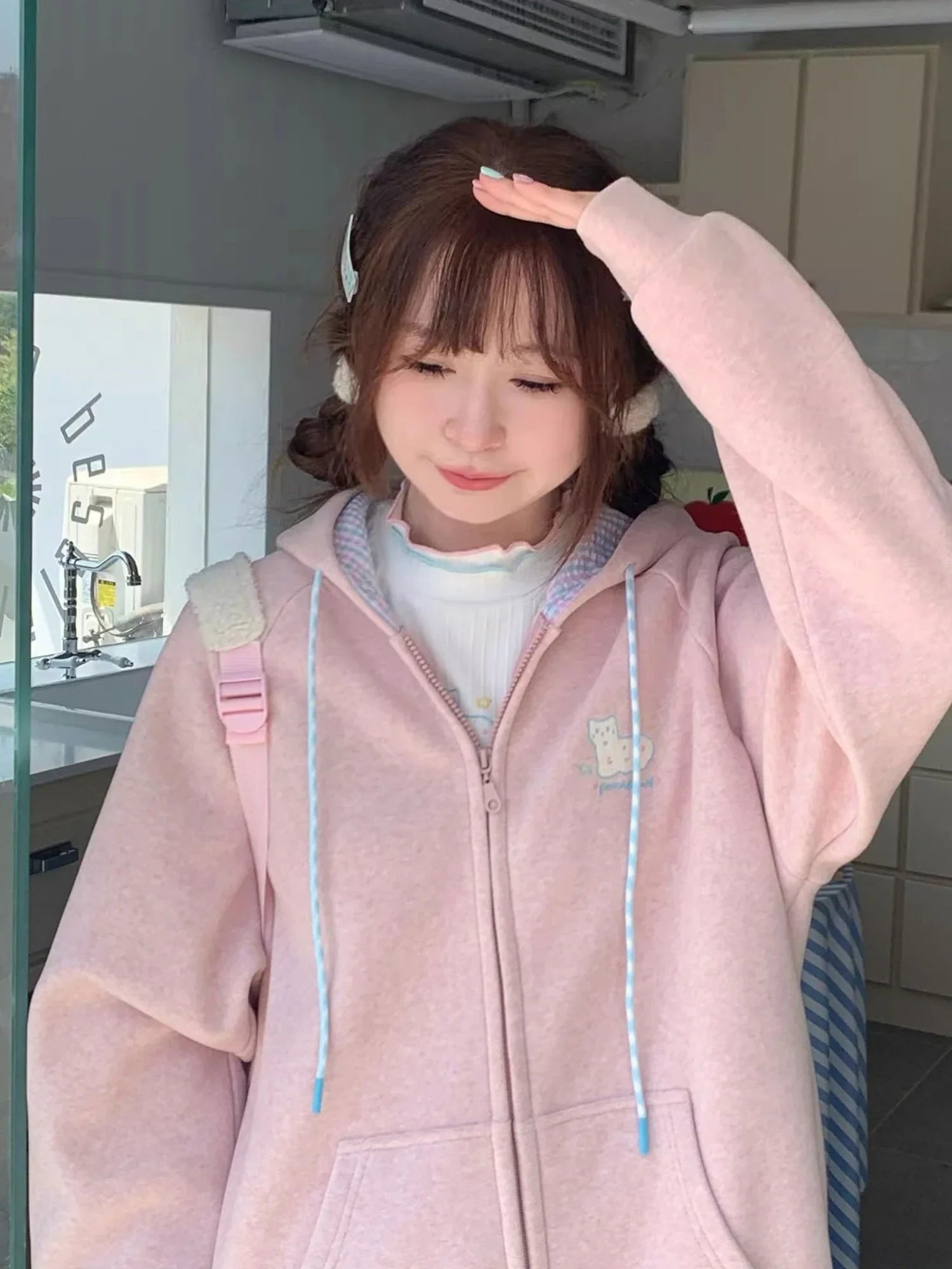 Peris Gems QWEEK Korean Fashion Pink Hoodie Zip-Up Women Japanese Y2K Kawaii Hooded Sweatshirts Oversized Sweet Cute Basic Hooded Outerwear SHEIN Amazon Temu