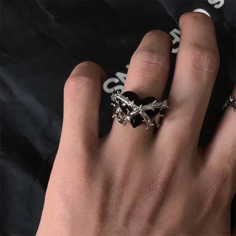 Peris Gems r262hei Y2k Vintage Black Thorns Heart Rings For Women Silver Color Punk Heart Couple Ring Gothic Punk Open Rings Jewelry Wholesale SHEIN Amazon Temu