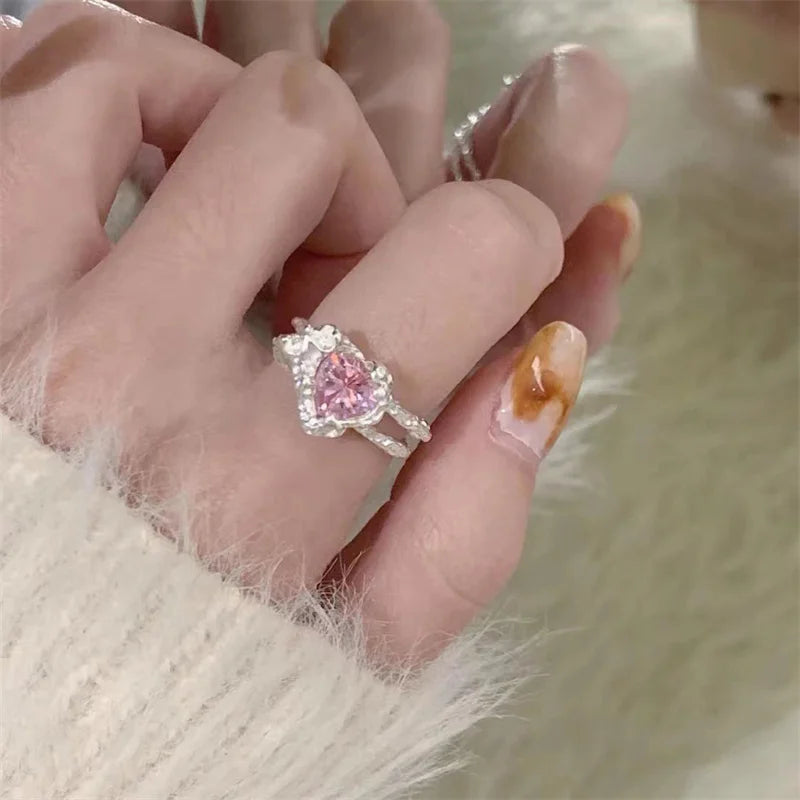 Peris Gems r278 Heart Open Rings for Women Korea Geometric Crystal Moonstone Gothic Finger Ring Y2K Accessories Trendy Aesthetic Jewelry Gift SHEIN Amazon Temu