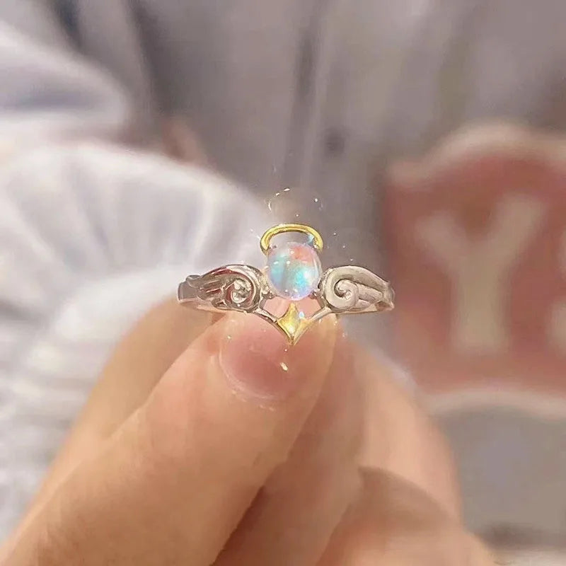 Peris Gems r291b Heart Open Rings for Women Korea Geometric Crystal Moonstone Gothic Finger Ring Y2K Accessories Trendy Aesthetic Jewelry Gift SHEIN Amazon Temu