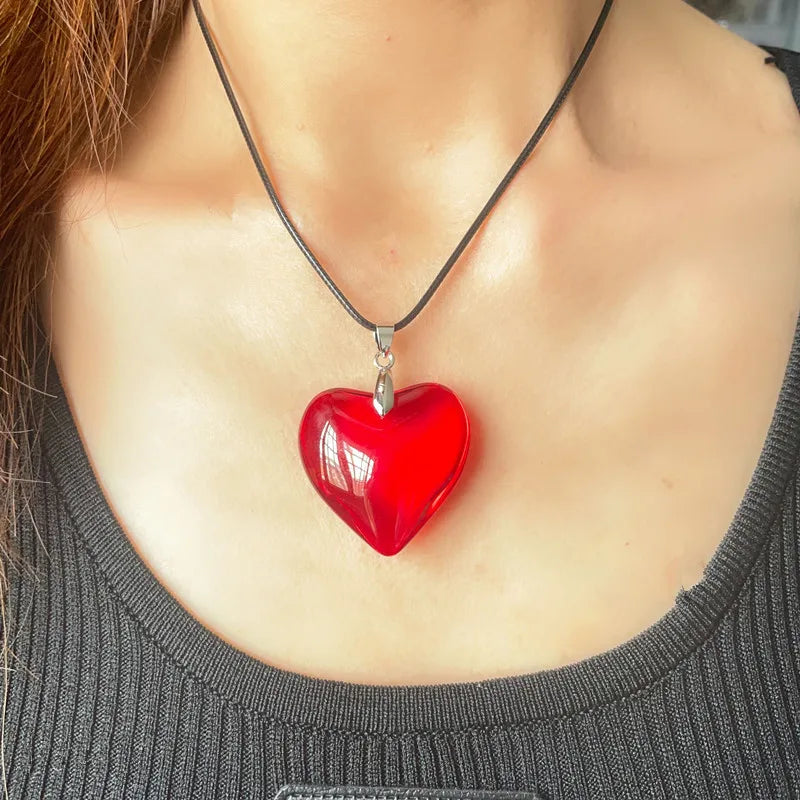 Peris Gems Red Heart Pendant Necklace For Women Girls Glass Crystal Necklace Black Leather Rope Chain Necklaces Y2k Jewelry Friends Gift SHEIN Amazon Temu