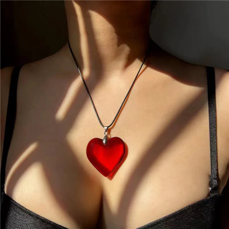 Peris Gems Red Heart Pendant Necklace For Women Girls Glass Crystal Necklace Black Leather Rope Chain Necklaces Y2k Jewelry Friends Gift SHEIN Amazon Temu