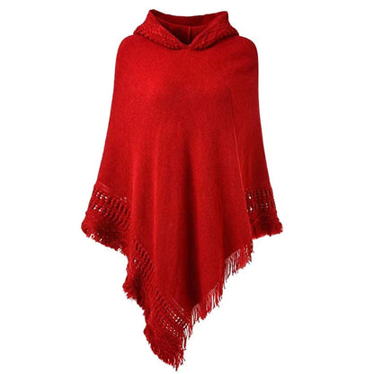 Peris Gems  RED / One Size Casual Hooded Cloak Tassel Poncho Sweaters for Women SHEIN Amazon Temu