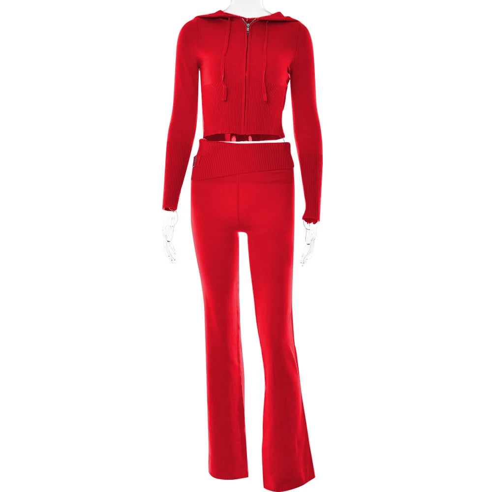 Peris Gems Red / S Knitted 2 Piece Sets Women Tracksuit Long Sleeve Zipper Hooded Sweater Crop Top Flare Pants Stretch Matching Suit Outfit SHEIN Amazon Temu