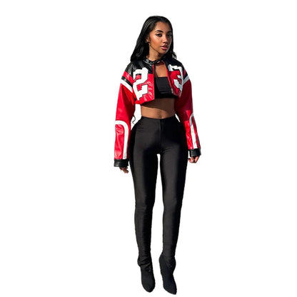 Peris Gems  Red / S Thin 23 Number Print Cropped Leather Jacket for Women SHEIN Amazon Temu