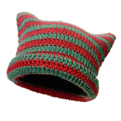 Peris Gems RedGreen / One Size Cute Cat Ears Beanie Hats for Women Winter Striped Korean Punk Gothic Y2K Wool Knitted Streetwear Handmade Crochet Bucket Cap SHEIN Amazon Temu