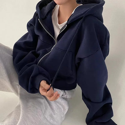 Peris Gems S / Navy Blue 2023 Autumn/winter New Insfleece-lined Versatile Fashion Cropped Slims Zip-up Warm Solid Color Hooded Sweatshirt For Women SHEIN Amazon Temu