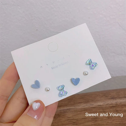 Peris Gems Set 12 KADRUFI Y2K Blue Colorful Bow-knot Heart Shape Rhinestone Stud Earrings Set Women Korean Fashion Cute Earring Jewelry brincos SHEIN Amazon Temu