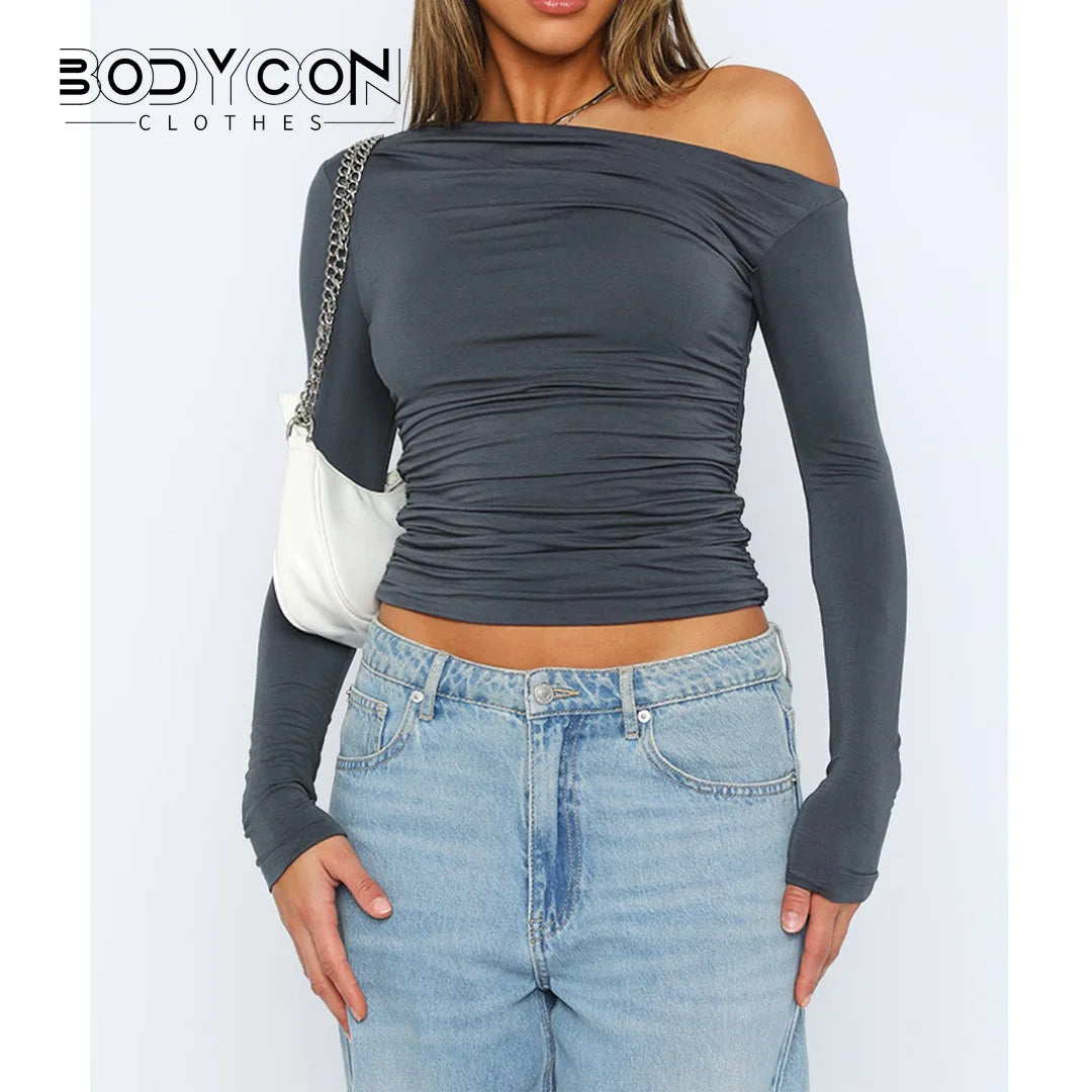 Peris Gems Sexy Pleated T Shirts Fashion Cropped Top Sweatshirts Y2K Streetswear Fall Clothes Women Elegant Luxury One Shoulder Tops Tees SHEIN Amazon Temu