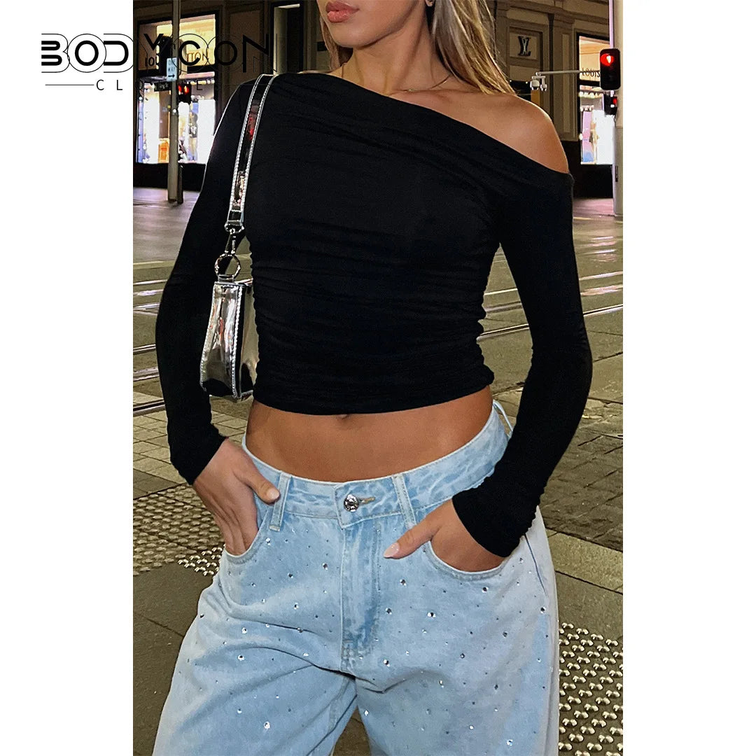 Peris Gems Sexy Pleated T Shirts Fashion Cropped Top Sweatshirts Y2K Streetswear Fall Clothes Women Elegant Luxury One Shoulder Tops Tees SHEIN Amazon Temu