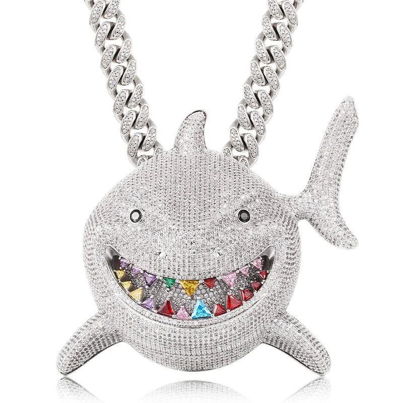 Peris Gems  Silver 1 / 20inch / Cuban Chain Full Diamond Smiling Shark Iced Out Pendant Necklaces SHEIN Amazon Temu