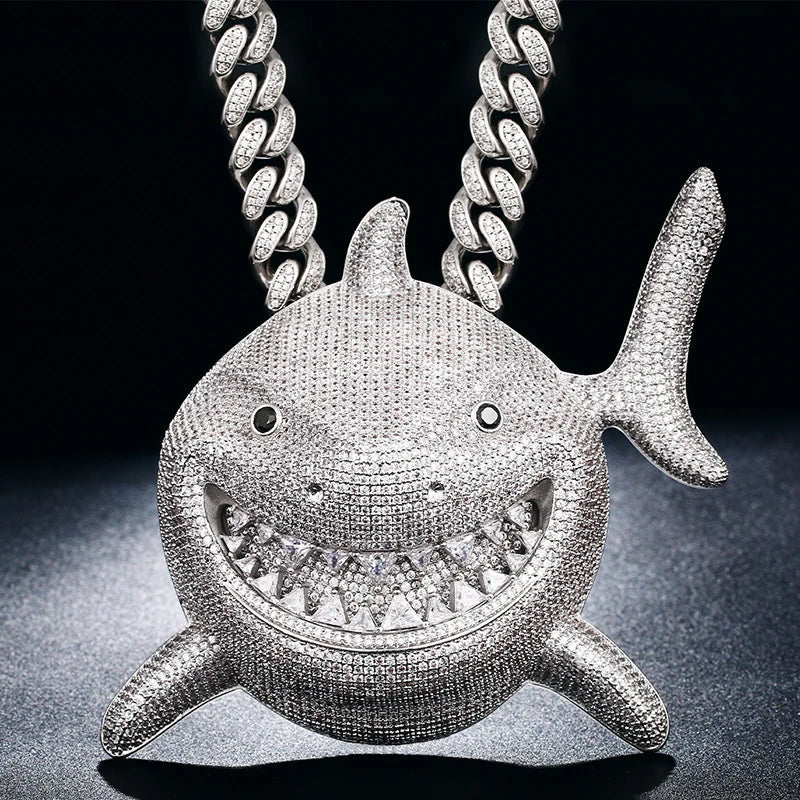 Peris Gems  Silver / 20inch / Cuban Chain Full Diamond Smiling Shark Iced Out Pendant Necklaces SHEIN Amazon Temu