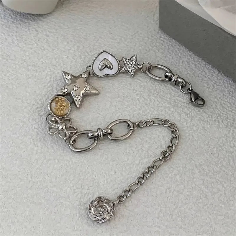 Peris Gems Silver Aesthetic Heart Star Chain Bracelet All-match Fairy Love y2k Jewelry Daily Niche Design Commuter Accessories For Women Girls SHEIN Amazon Temu