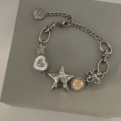 Peris Gems Silver Aesthetic Heart Star Chain Bracelet All-match Fairy Love y2k Jewelry Daily Niche Design Commuter Accessories For Women Girls SHEIN Amazon Temu