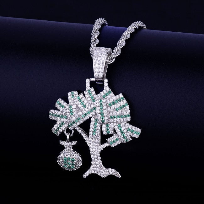 Peris Gems  Silver / Cuban chain / 30inch Iced Out Diamond Money Tree Pendant Necklaces Unisex SHEIN Amazon Temu