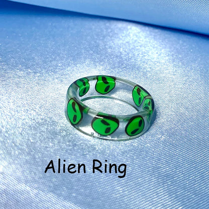 Peris Gems size7 / ET / CHINA New INS Resin Green Alien ET Rings for Women Y2K Jewelry Punk Fashion Goth Rings Egirl Style Friends Gifts 2000s Aesthetic New SHEIN Amazon Temu