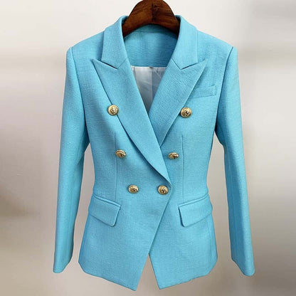 Peris Gems  Sky Blue / S Slim Fitting Textured Blazer Jacket for Women | Lion Button Suit jacket Slim Fitting Textured Blazer Jacket for Women | Lion Button SHEIN Amazon Temu