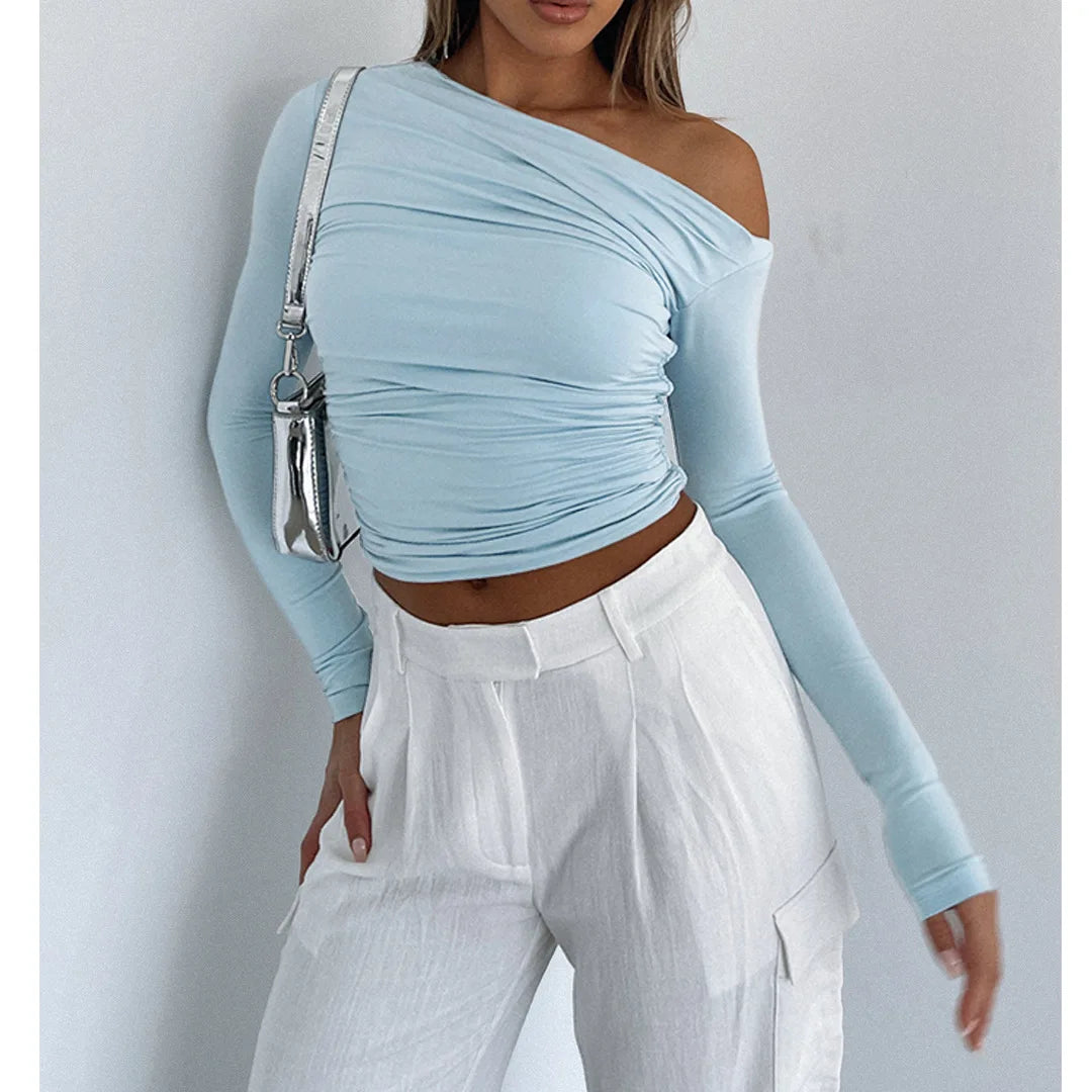 Peris Gems SKY BLUE / XS Sexy Pleated T Shirts Fashion Cropped Top Sweatshirts Y2K Streetswear Fall Clothes Women Elegant Luxury One Shoulder Tops Tees SHEIN Amazon Temu