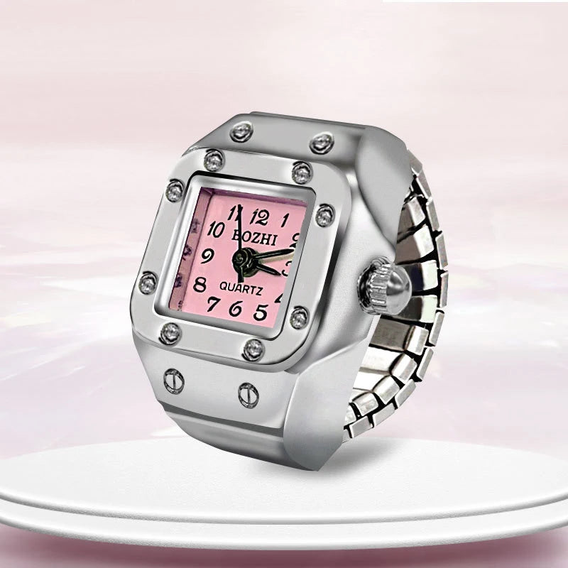 Peris Gems Square pink Kiss Jewelry Vintage Y2K Finger Watch Rings for Women Men Elastic Stretchy Roman Quartz Mini Watches Rings Punk anillos Gift SHEIN Amazon Temu