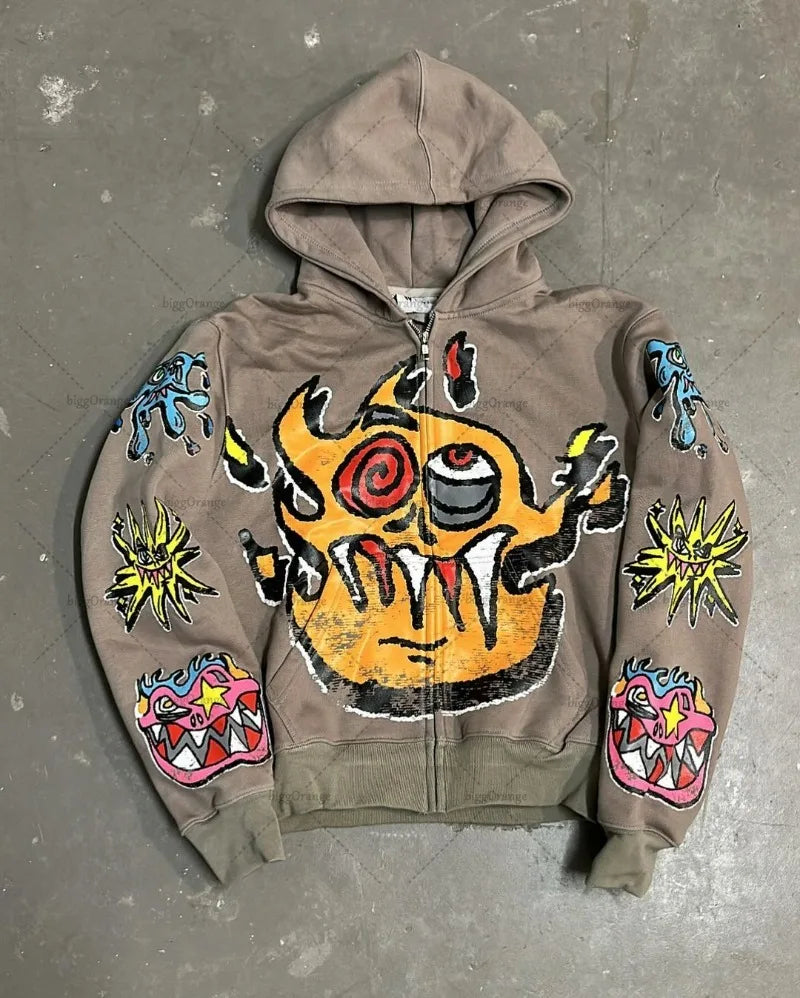 Peris Gems Street Fashion Brand Retro Zipper Hoodie Men  Anime Graffiti Print Oversized Sweatshirt Y2k New Fashion Versatile Jacket Women SHEIN Amazon Temu