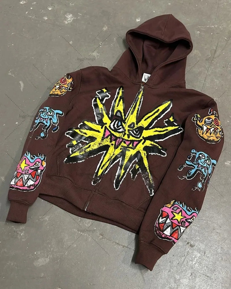 Peris Gems Street Fashion Brand Retro Zipper Hoodie Men  Anime Graffiti Print Oversized Sweatshirt Y2k New Fashion Versatile Jacket Women SHEIN Amazon Temu