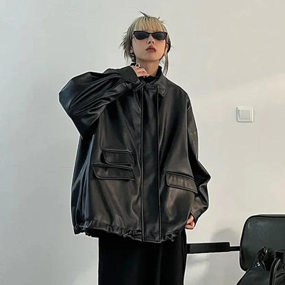 Peris Gems Streetwear Black Pu Faux Leather Coats Women Oversized Gothic Jackets Y2K Loose Pocket Cool Ladies Casual Soft Outerwear SHEIN Amazon Temu