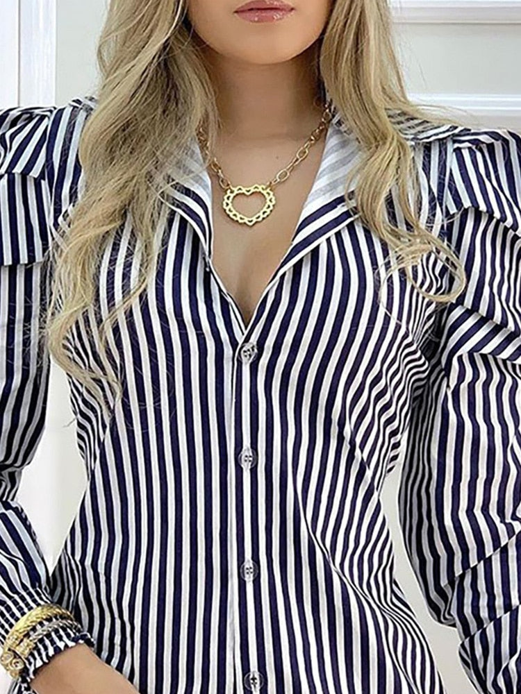 Peris Gems  Striped Button Puff Sleeve Shirt Dress for Women | Casual Work Dress Striped Button Puff Sleeve Shirt Dress for Women SHEIN Amazon Temu