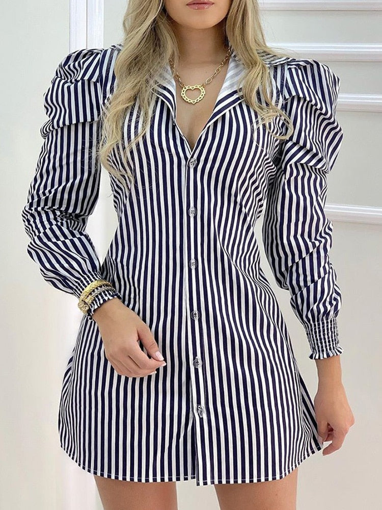 Peris Gems  Striped Button Puff Sleeve Shirt Dress for Women | Casual Work Dress Striped Button Puff Sleeve Shirt Dress for Women SHEIN Amazon Temu