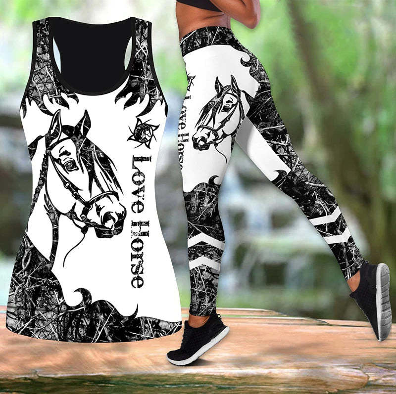 Peris Gems Summer Ladies Love Horse Print Yoga Sports Pants Sweatpants Leggings Cut Out Back Tank Tops Combo Suit XS-8XL SHEIN Amazon Temu