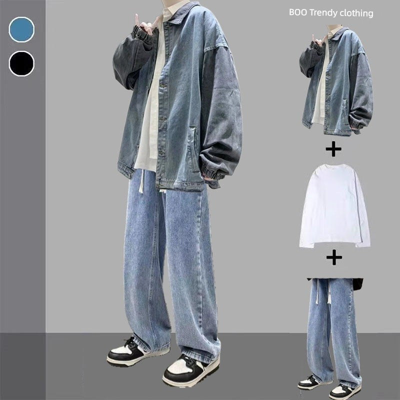 Peris Gems Three-piece blue + white Long T + blue pants(Gift Necklace) / S Hong Kong Style Handsome Teenagers Spring and Autumn Jacket Denim Outwear SHEIN Amazon Temu