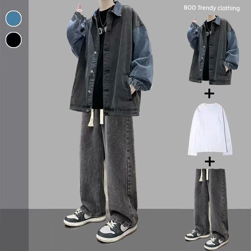 Peris Gems Three-piece dark gray + white Long T + Black gray pants(Gift Necklace) / L Hong Kong Style Handsome Teenagers Spring and Autumn Jacket Denim Outwear SHEIN Amazon Temu