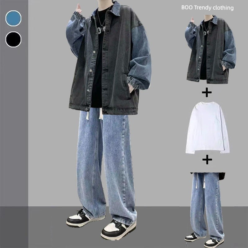 Peris Gems Three-piece dark gray + white Long T + blue pants(Gift Necklace) / L Hong Kong Style Handsome Teenagers Spring and Autumn Jacket Denim Outwear SHEIN Amazon Temu