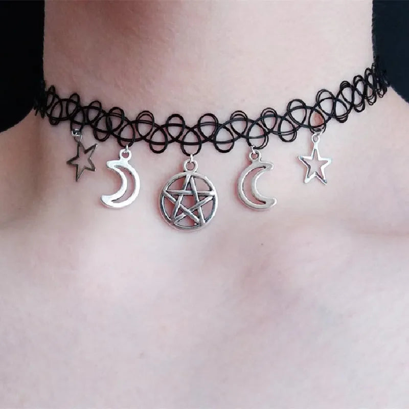 Peris Gems Titanium Plated Goth Pentagram Moon Chain Choker Witch Necklace Punk Gothic Pendant Grunge Jewelry Wiccan Women Gift Fashion Statement Goth SHEIN Amazon Temu